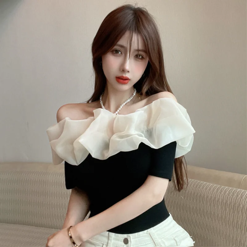 Retro Slim Blouses Women Holiday Sweet Patchwork Trendy Ins Slash Neck Hotsweet Korean Style Sexy Ladies Aesthetic All-match Y2k