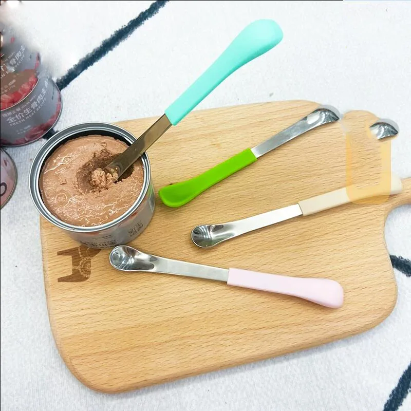 Stainless Steel Canning Spoon, Double-headed, Soft, Hard, Cat, Dog, Wet Food, Tableware, Pudding, snack, Long Handle, Pet Mixing