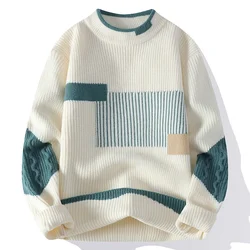 Mock Neck Knitted Sweater Men Women Autumn Winter Daily Casual Warm Knitting Pullovers Men's Fashion Patchwork Pullover Sweaters