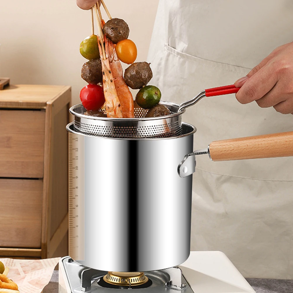 

1 set 1 Set Stainless Steel Frying Pot Heat Resistant Kitchen Fryer Multi Purpose Oil Pan Ergonomic Handle Fry Basket