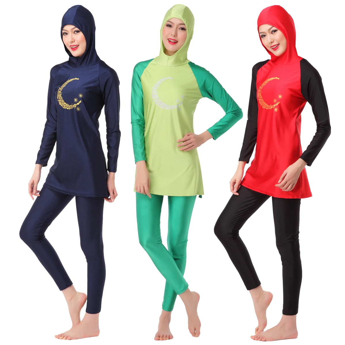 XS-3XL Slim Muslim Swimwear Burkini for Women Islamic Full Cover Modest 2-Piece Hooded Swimsuit Moon And Star Print Quick Dry