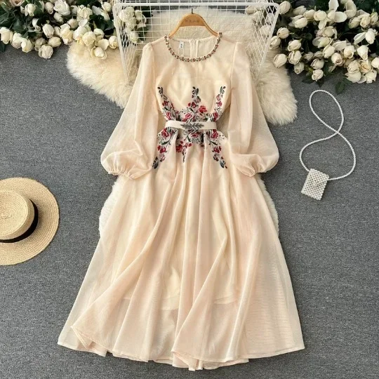 

2024 Spring Autumn New Embroidered Mesh Beaded Women Long Sleeved Vestidos Simple Round Neck Female Long Dress