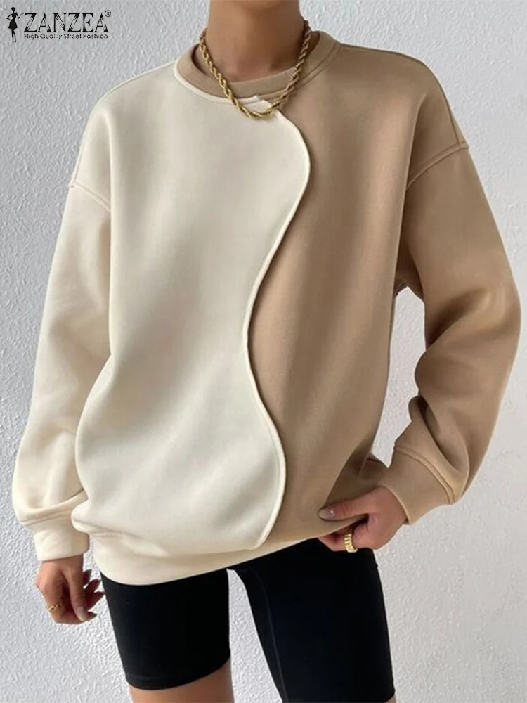 ZANZEA Stylish Women Sweatshirts Winter Autumn Hoodies Elegant Work Tops Streetwear 2024 Fashion Long Sleeve Patchwork Pullovers