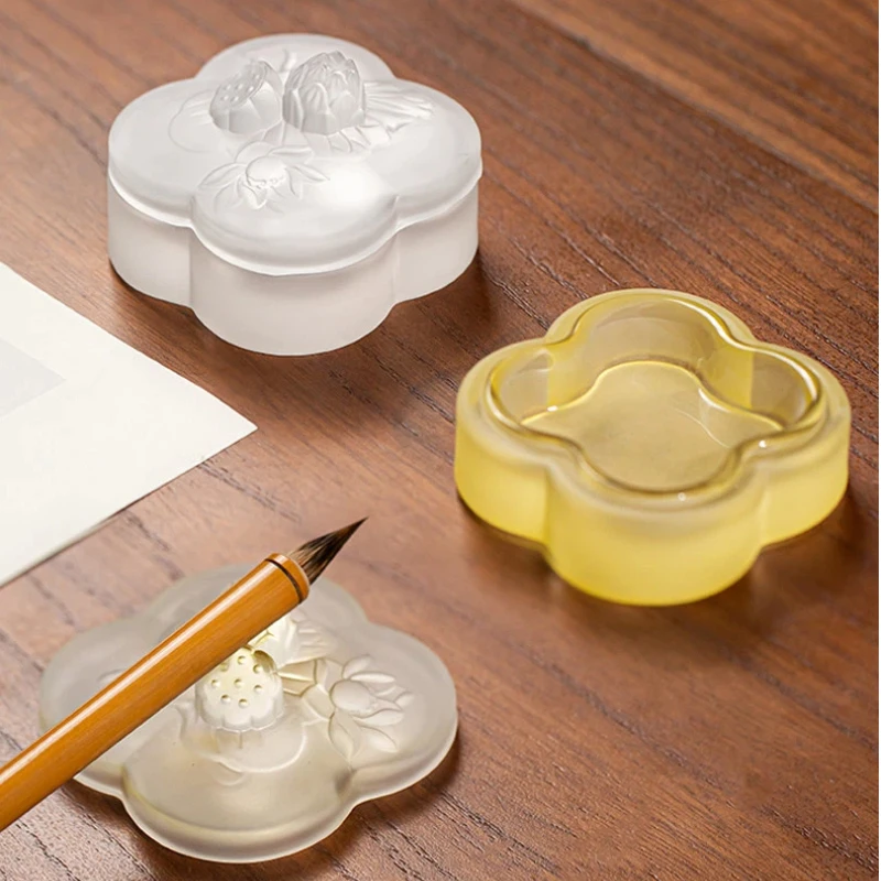 Glass Ink Dish with Lid Lotus Pattern Pen Rest for Chinese Calligraphy Beginners Practice Art Supply Exquisite Study Supplies