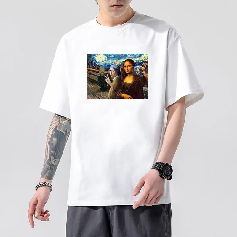 World Famous Painting T-shirt Man Spoof Mona Lisa Last Supper Vintage Oil Painting Cat Print Dress Woman Harajuku Graphic TEE