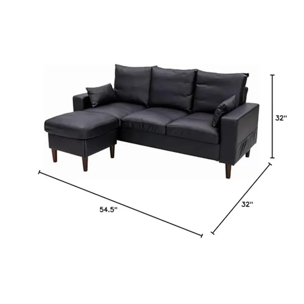 Em forma de L sofá secional conjunto com otomano, conversível sofá de 3 assentos, preto couro-como tecido, elegante sala de estar