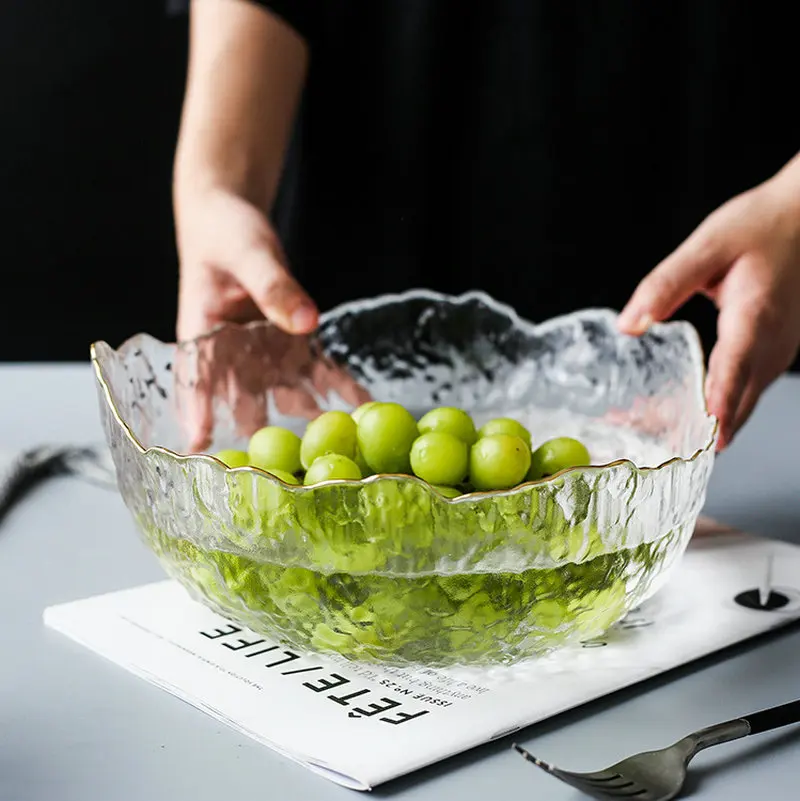 Glass Salad Bowl Irregular Gold Inlay Edge Fruit Rice Serving Bowls Food Storage Container Lunch Bento Box Decoration Tableware