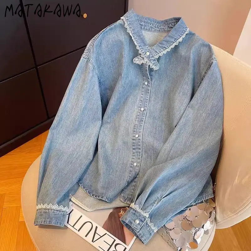 

Matakawa Denim Shirts&blouses Women Tops Lace Ruffles Spring Autumn Retro Blusas Mujer Korean Fashion Sweet Elegant Camisas