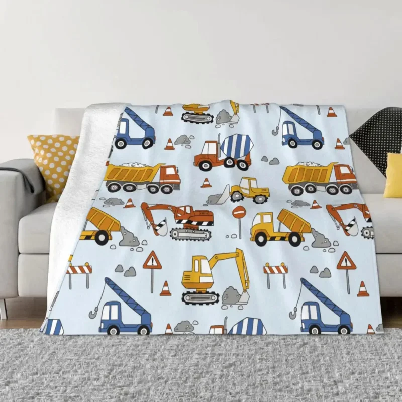 Construction Trucks Bulldozers Pattern Knitted Flannel Excavators Cartoon Soft Throw Blankets for Bedroom Sofa Bed Rug