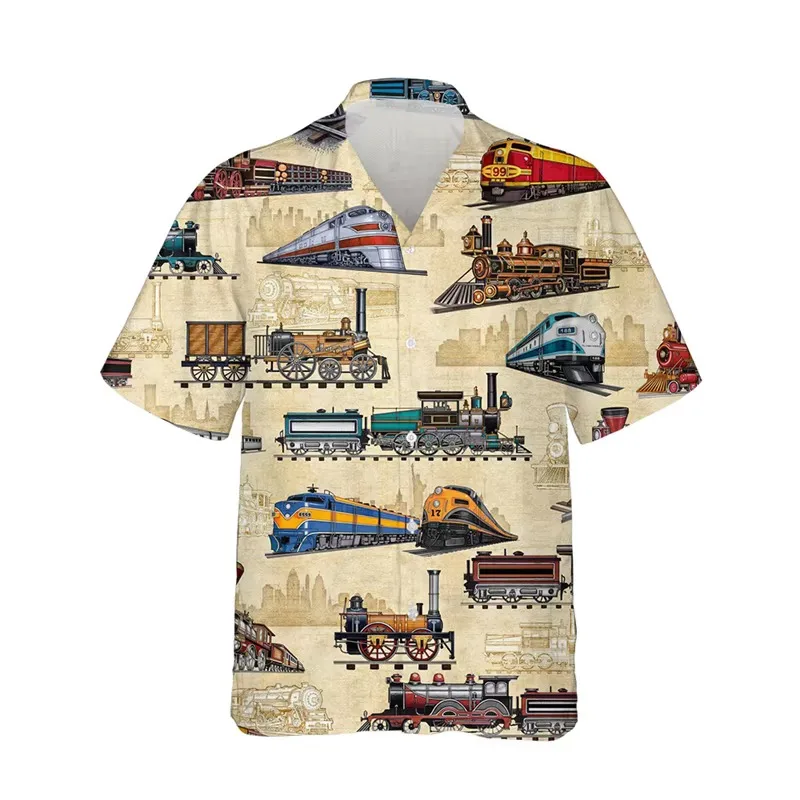 Mini Train Shirts Men's Summer Hawaiian Clothing Short Sleeve Top Loose Holiday Seaside Social Lapel 3D Print Shirt 2023 Vintage
