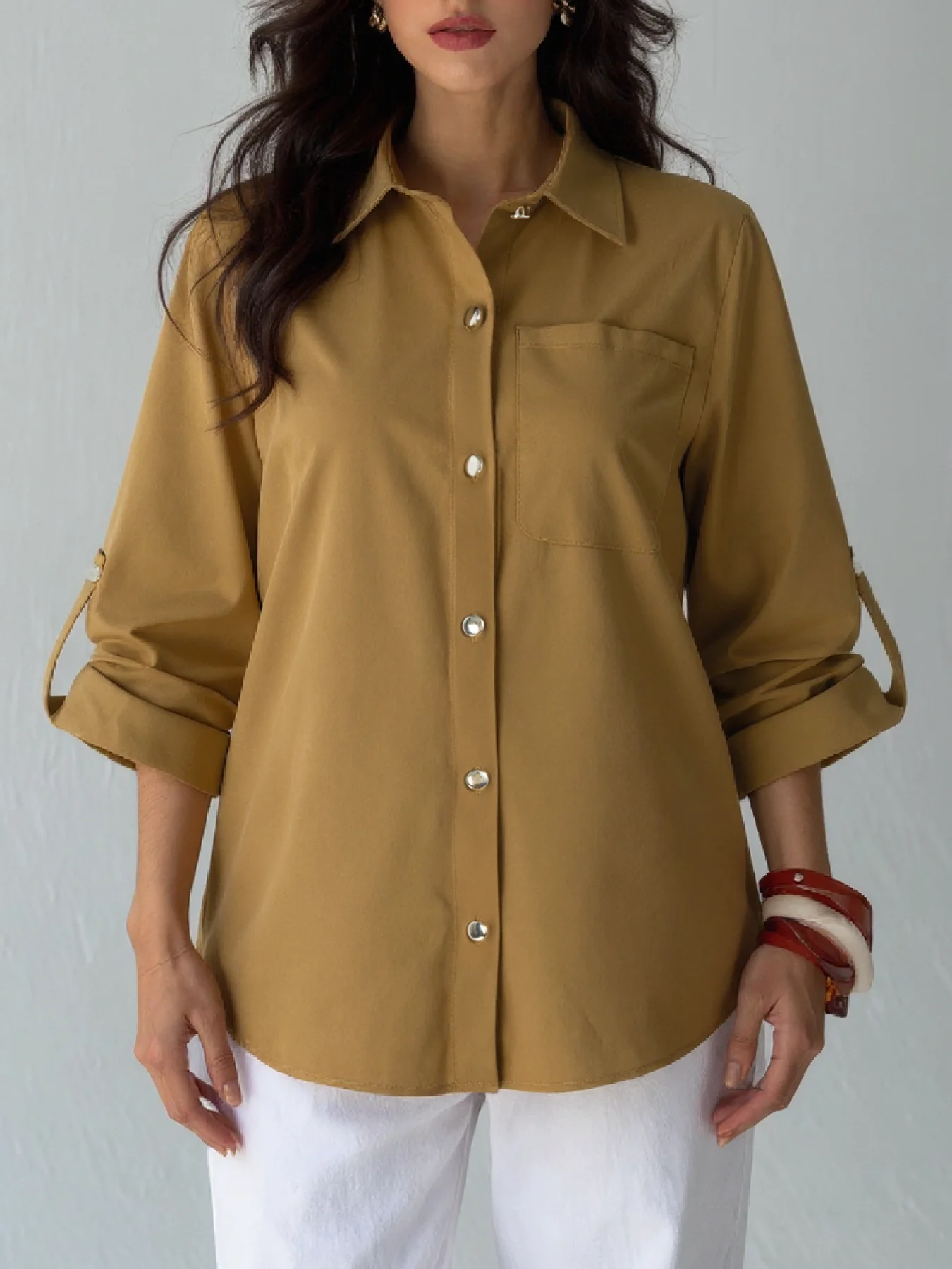 

Весенне-летняя женская футболка с воротником-коричневого цвета, карманом на пуговицах, регулируемым рукавом, свободный элегантный стильный повседневный офисный топ для свиданий