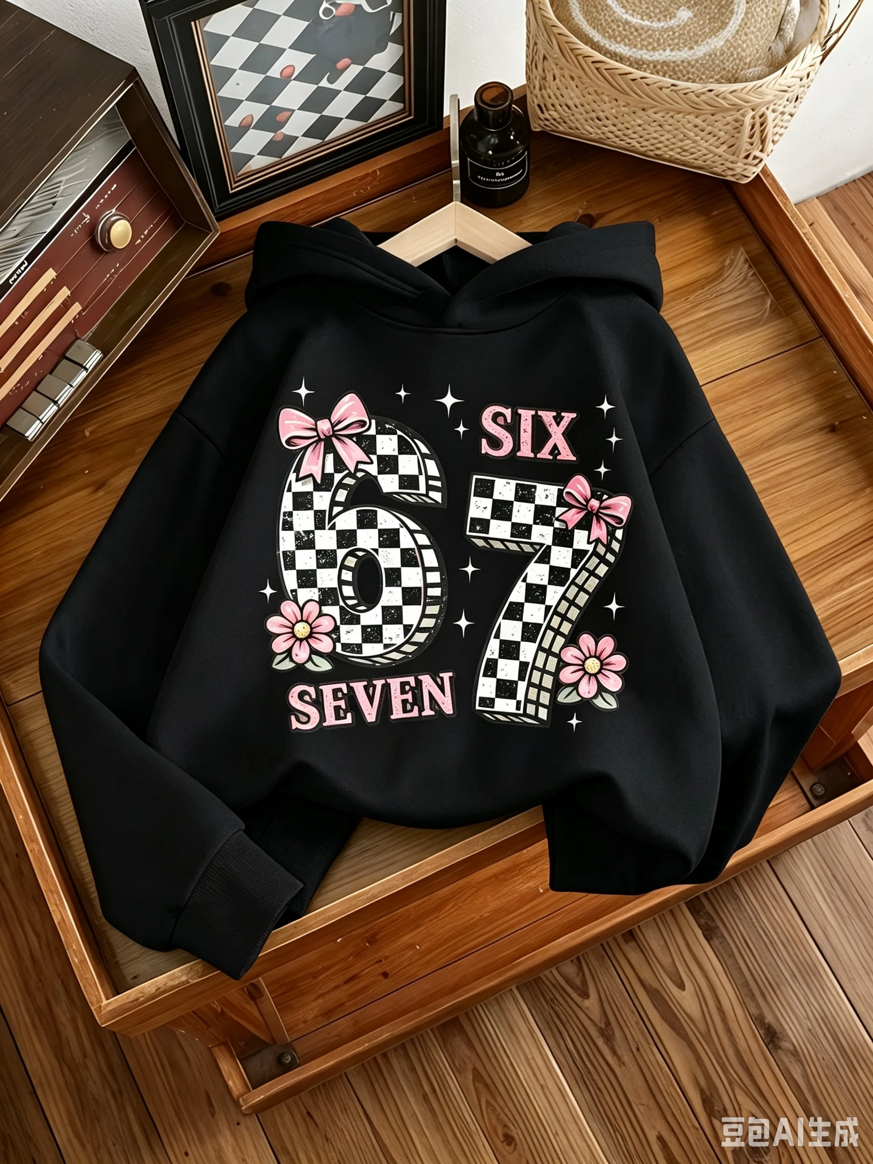New Autumn Winter Collection Features A Checkerboard Print of The Number 67, Adorned with Bows, Small Flowers