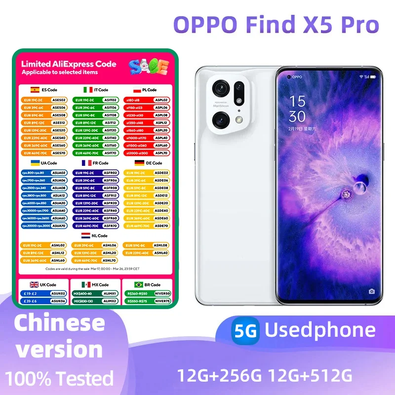 Oppo Find X5 Pro 5G Android CPU Qualcomm Snapdragon 8 Gen 1 6.7inch AMOLED 120HZ 50.0MP Camera 80W Charger 5000mAh used phone