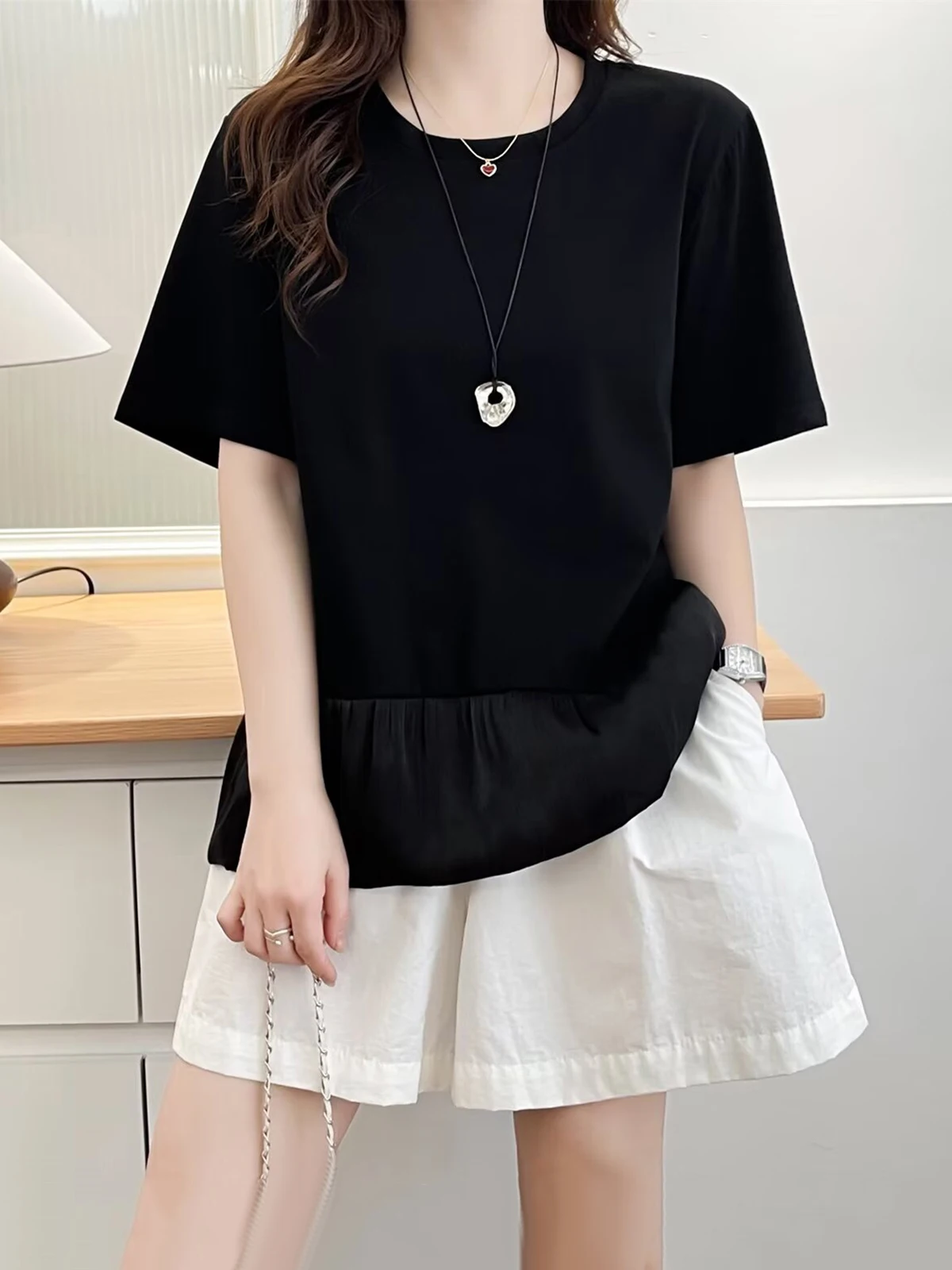 Summer New plus Size Women's T-irt Casual round Ne ort Sve Belly Covering Flower Bud Print Loose Fit Cotton Top