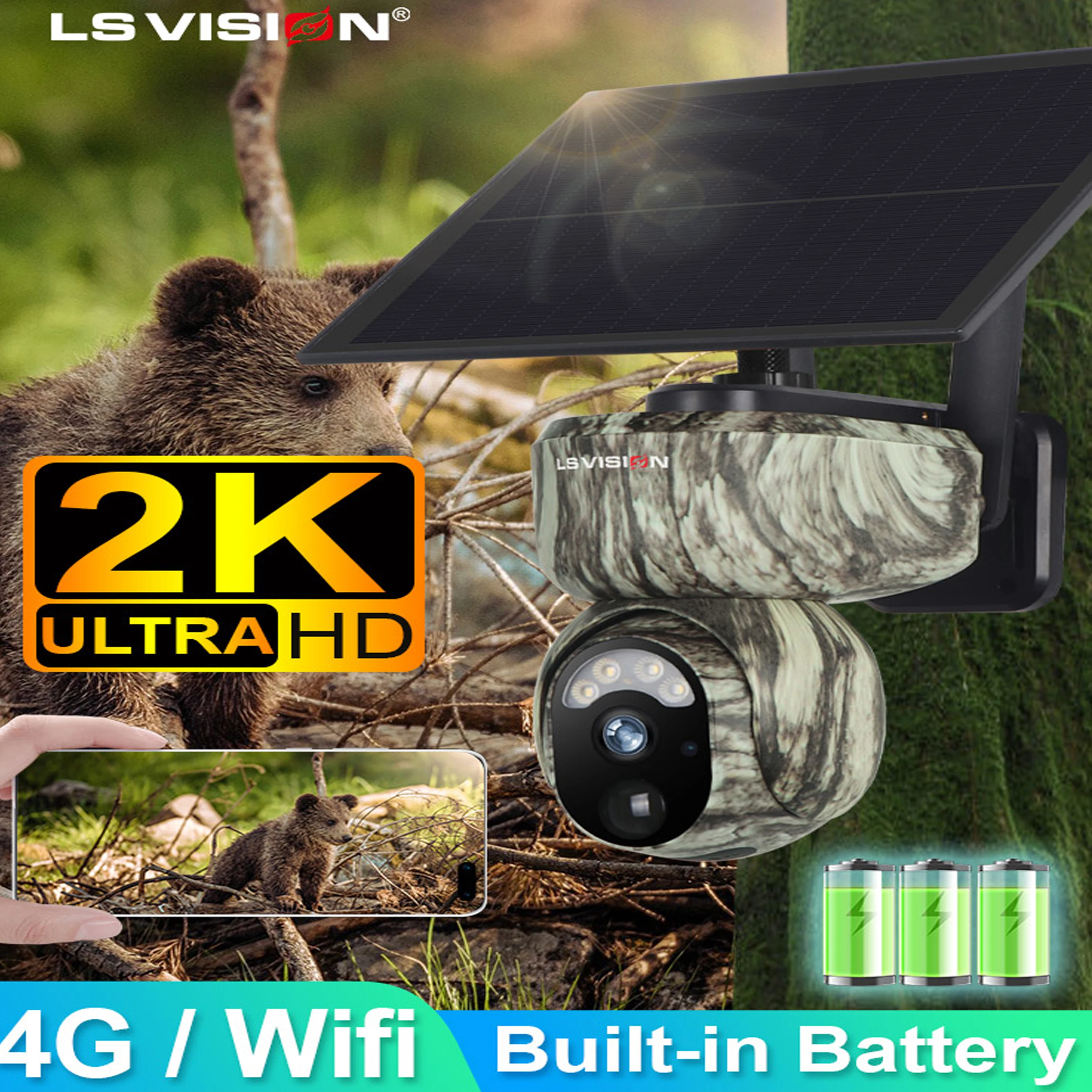 

LS VISION 2K 4G Solar Security Cameras WIFI Wireless Outdoor 360° Live View Animal Monitoring Camouflage Color Battery PTZ Cam