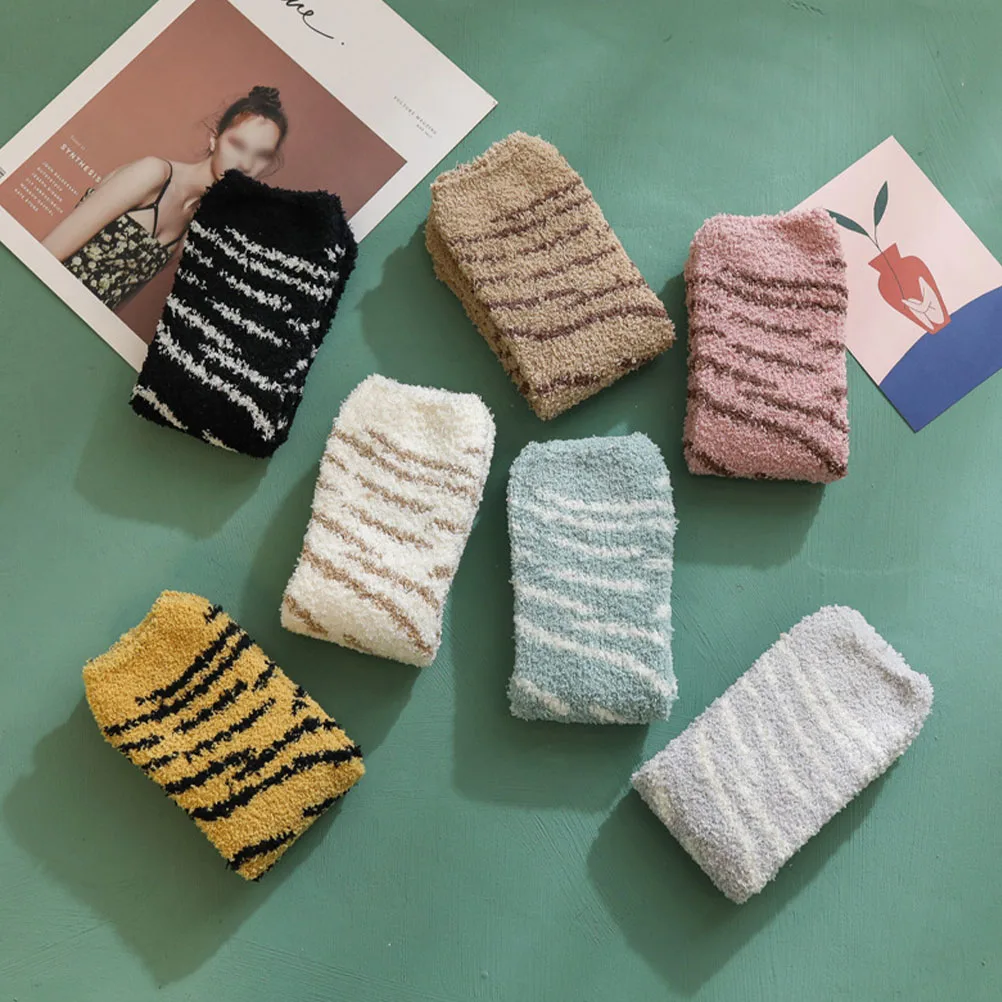 

Coral Fleece Socks Thickened Women Warm Winter Floor Soft Stockings Long Lasting Durable Use Striped Design Match Outfits Safe