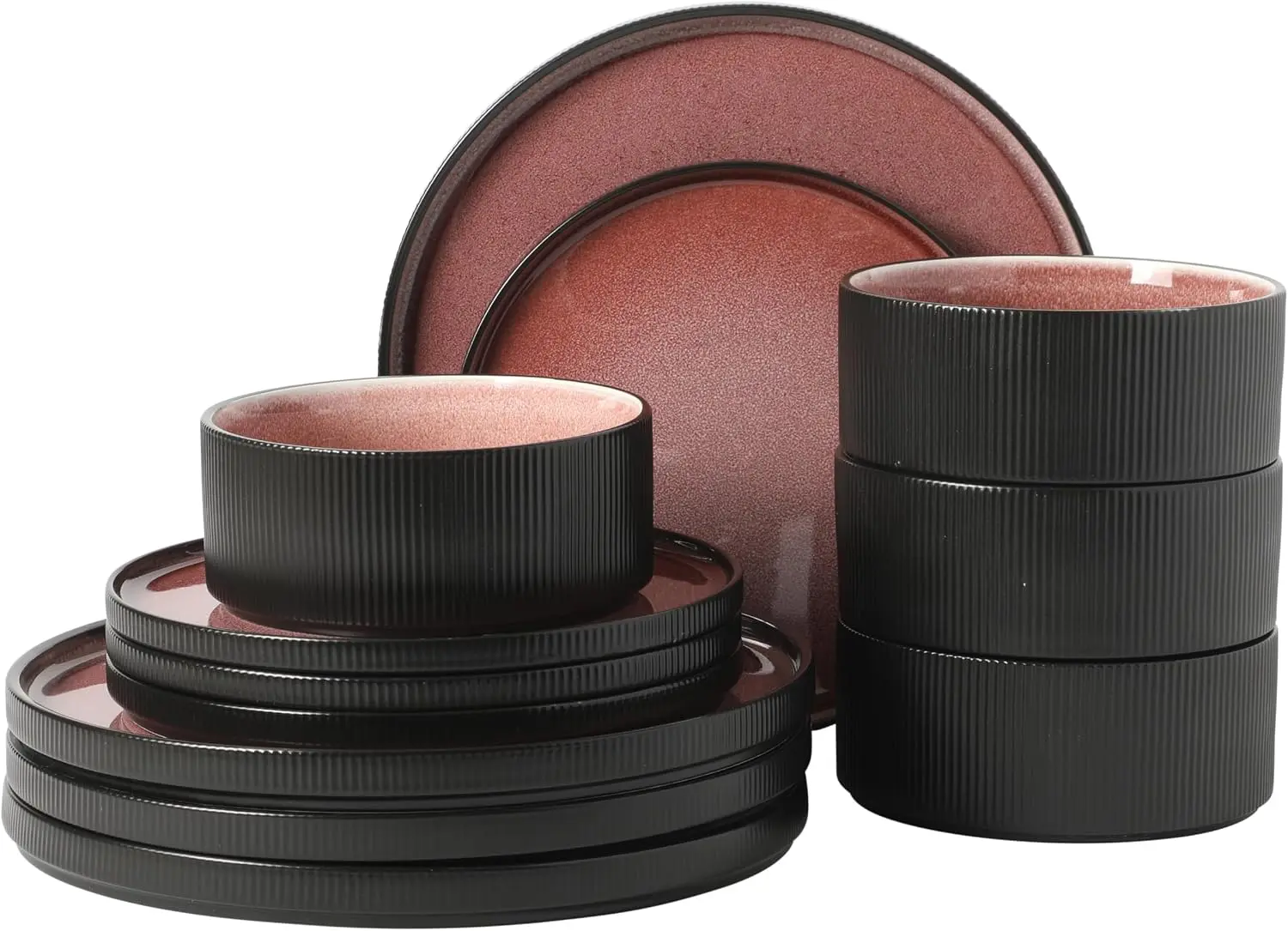 New Bone China 12-Piece Dinnerware Set, 4-Person Service, Reactive Glaze Plates & Bowls, Brick Red, Dishwasher & Microwave Safe