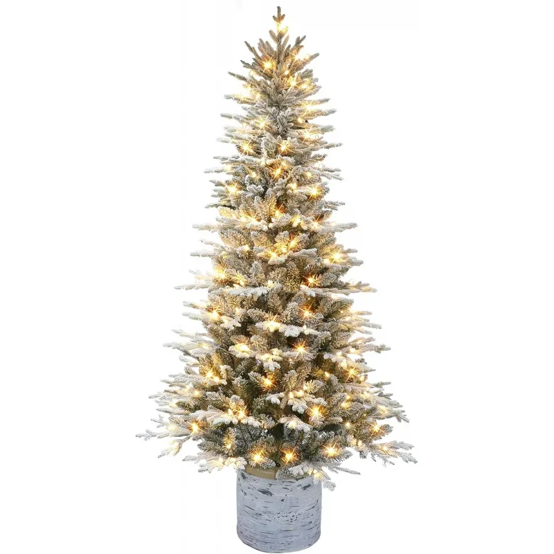 6 ft pre-lit potted flocked fir tree, 1277 tips, 200 warm white LED lights, UL listed adaptor, birch wood look base