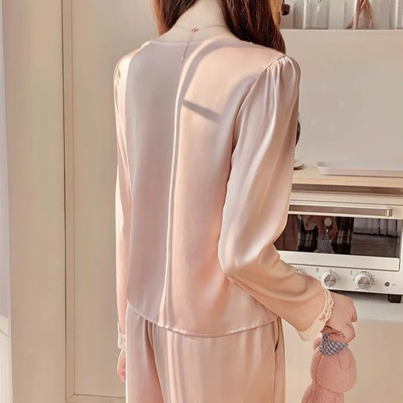 2024 New Pajamas Women Spring Autumn Sleepwear Ice Silk Thin Student Homewear Two Piece Suit Long Sleeve V-neck Lace Loungewear