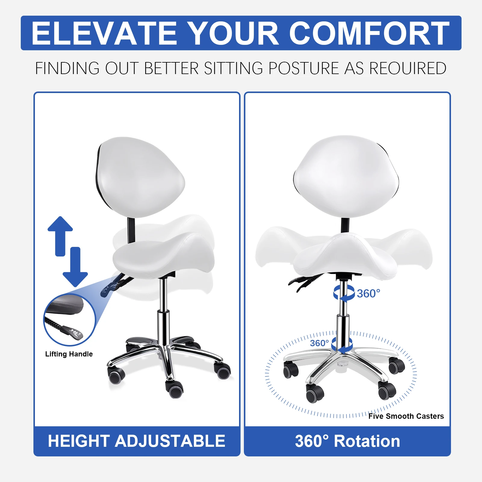 Saddle Chair with Back Support | Rolling Adjustable Esthetician Chair with Wheels | Heavy-Duty Massage Stool | for Massage Home Office Kitchen Clinic