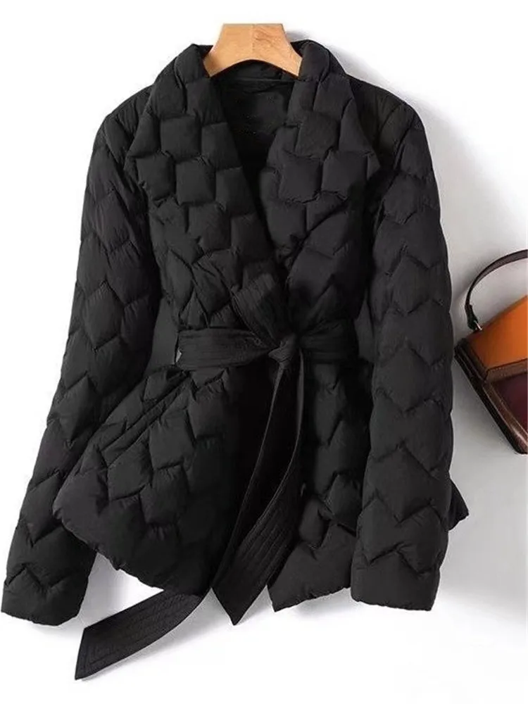 Doudoune légère avec ceinture pour femme, élégante, longue, en coton, duvet de canard blanc, Parka pour dames, manteaux d'hiver