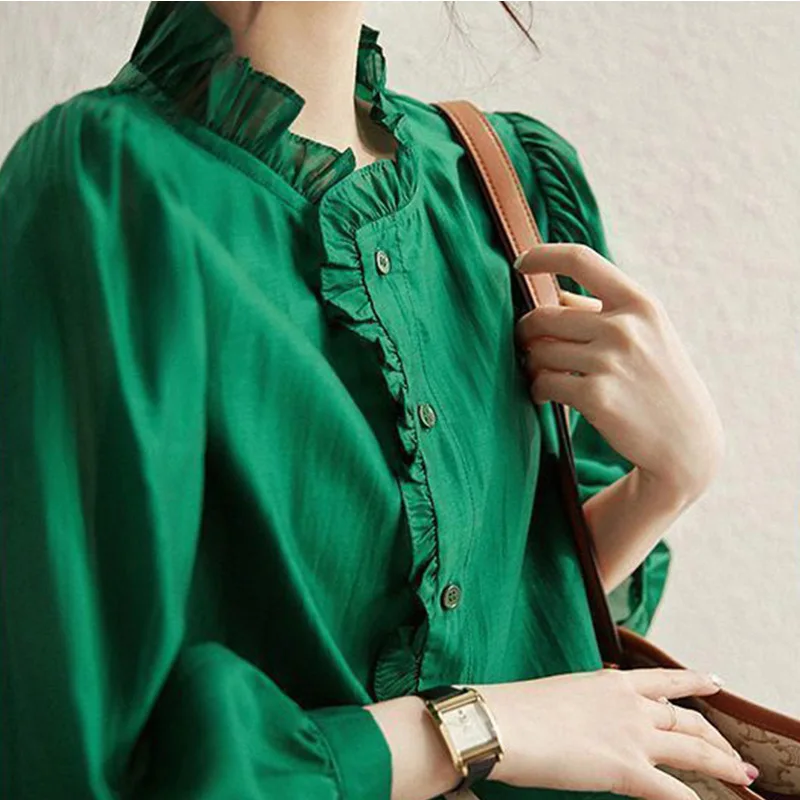 2024 New Summer Office Lady Sweat Retro Elegant Fashion Korean Style Women\'s Shirt Button O Neck 3/4 Sleeve Chic Chiffon Tops