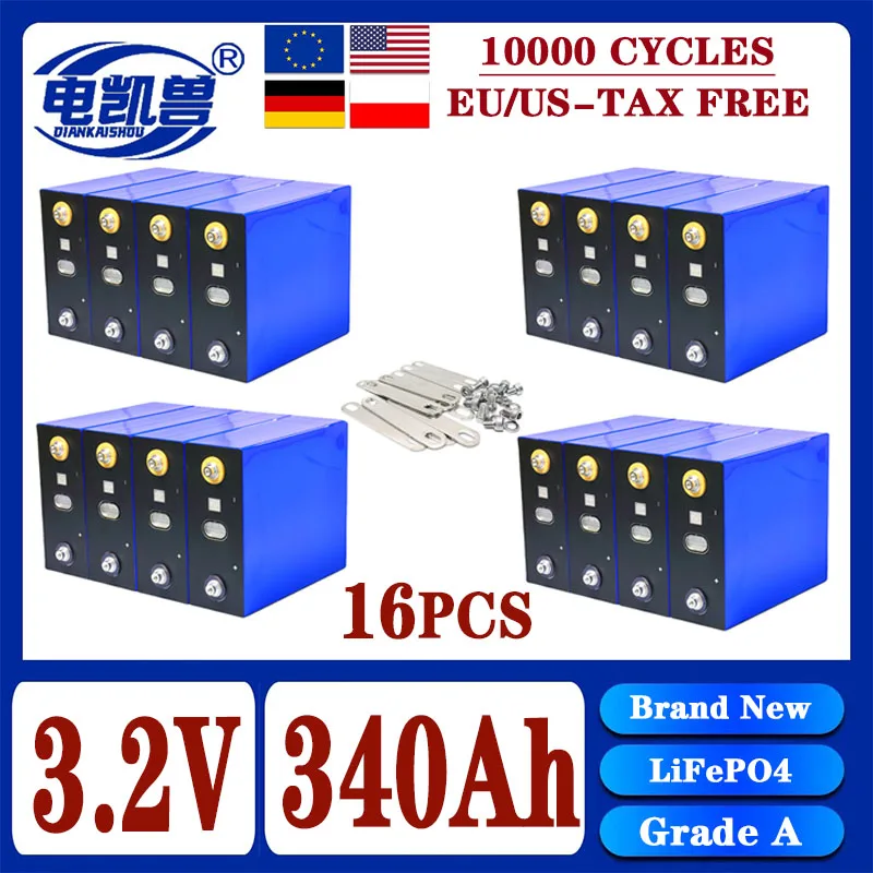 16pcs 340Ah Grade A LiFePO4 3.2V rechargeable battery, suitable for DIY 12V 24V 48V caravan marine solar energy system no tax