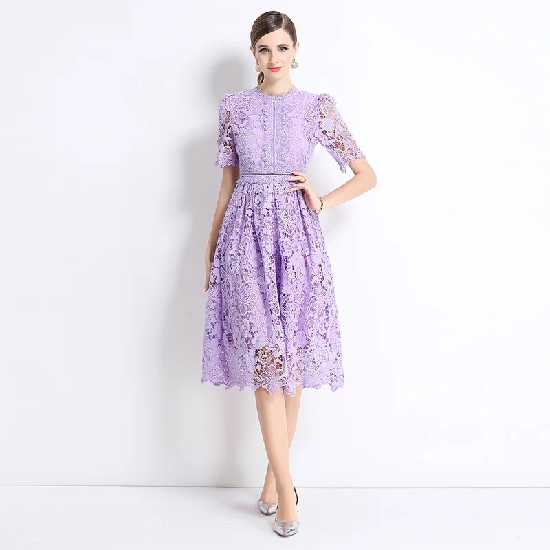 Quality Hollow Out Lace Embroidery Prom Dress Women Short Sleeve Slim High Waist French Vintage Floral Midi Party Vestidos