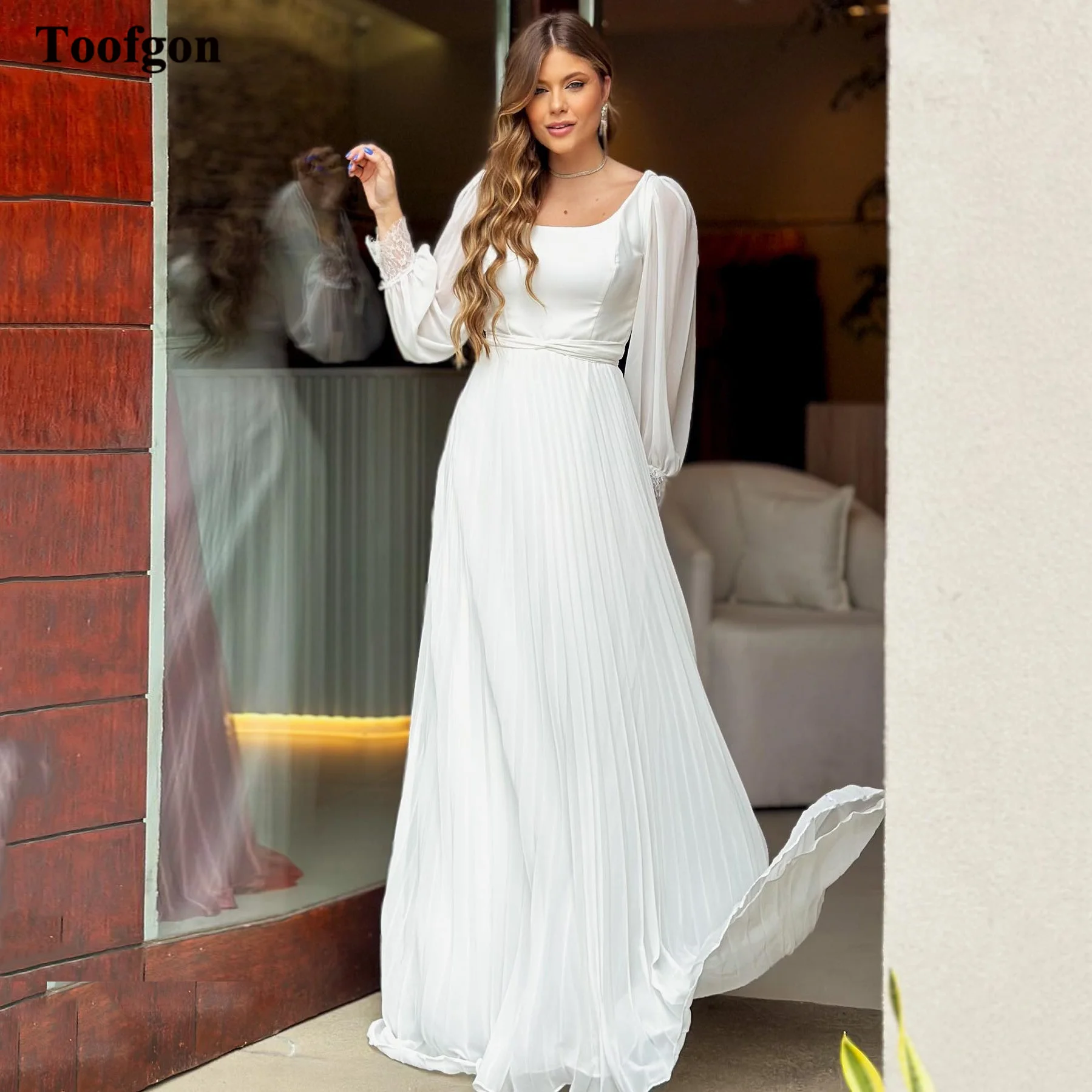 

Toofgon Elegant Crumple Chiffon Long Wedding Dresses Beach Lace Full Sleeves Dubai Arabia Square Neck Bridal Gowns Formal Bride