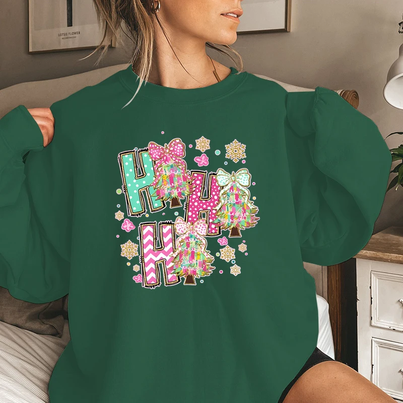 Ho Ho Ho Sweatshirt Women Merry Christmas Tree Bow Print Cartoon Cute Sweatshirts Women Funny Cute Gifts for Christmas Sweater