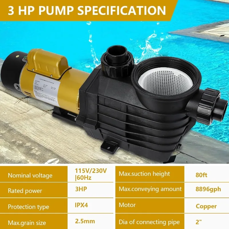 3HP Swimming Pool Pump Dual Speed In/Above Ground Water Pump, 8896GPH, 115V/230V High Flow Powerful Self Primming Swimming Pool