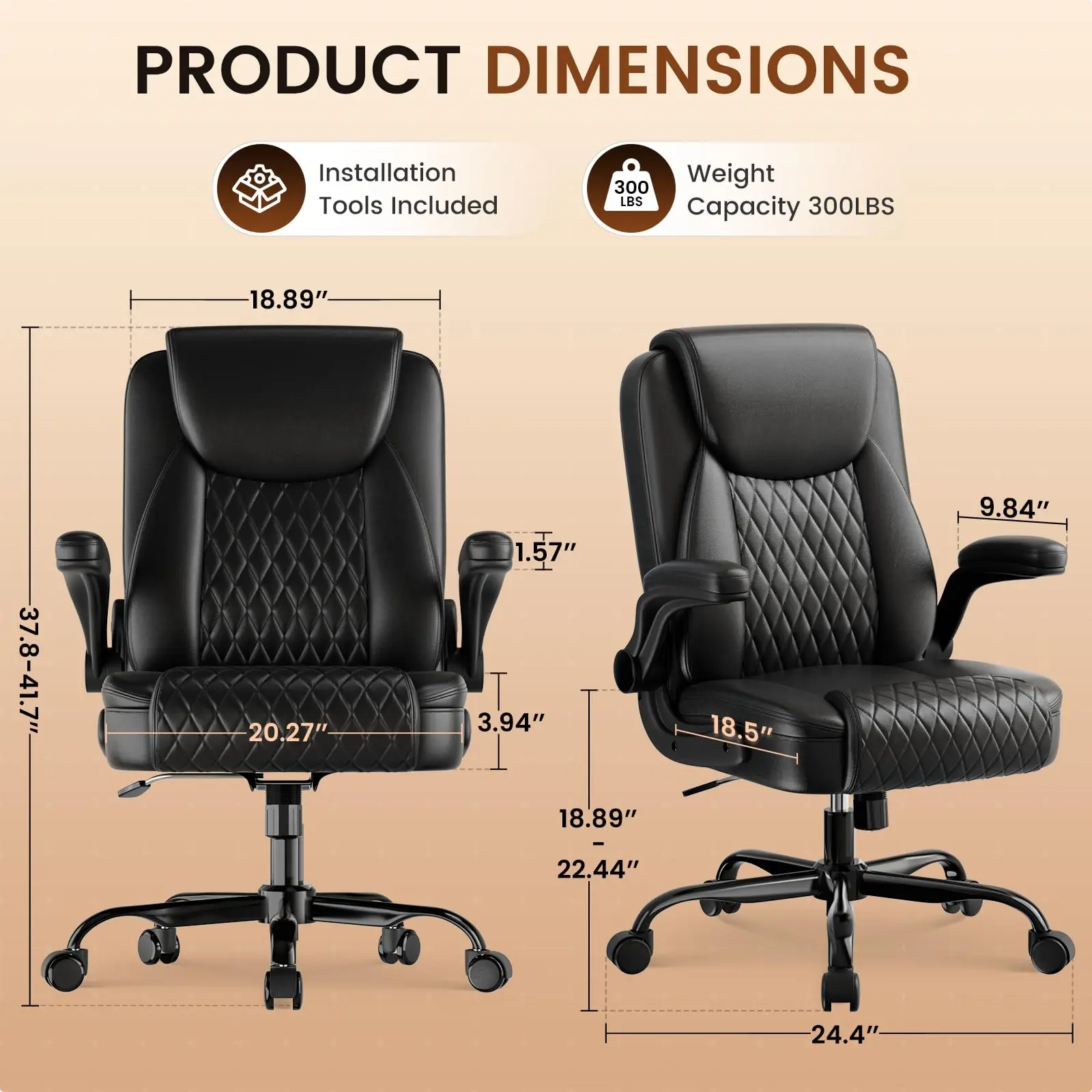 PU Leather Office Chair, Home Desk Chair with Flip-up Arms, Black