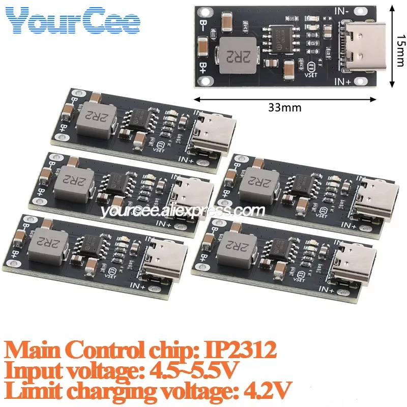 5pcs/1pc IP2312 3A High Current Li-ion Polymer Ternary Lithium Battery Quick Fast Charging Board Type-C CC/CV 5V To 4.2V