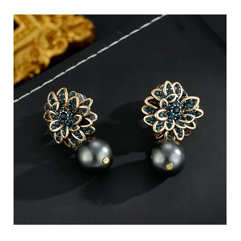 

Black Literature and Art Medium and Ancient Style Fashion Silver Needle Camellia Bead Pendant Earrings Retro Literature and Art