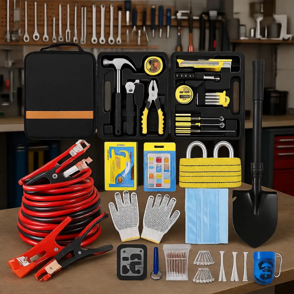 

Roadside Emergency Kit with Jumper Cables Tow Strap Folding Shovel for Vehicle Safety
