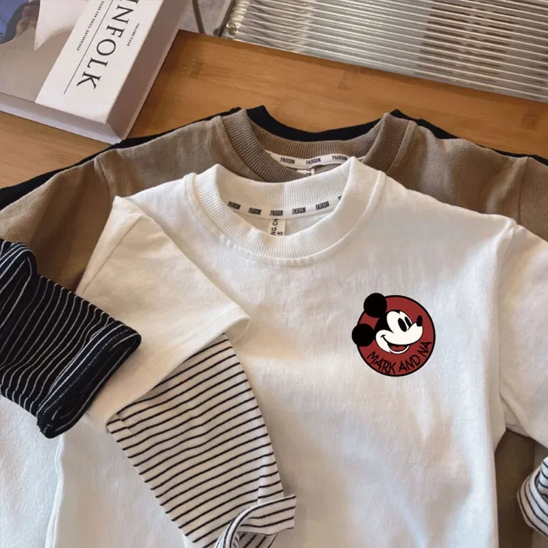 2024 Spring Autumn Toddler Kids Mickey Mouse Cartoon T-Shirt Baby Boys Girls Long Sleeve Tops 1-8Years Children Cotton Clothing