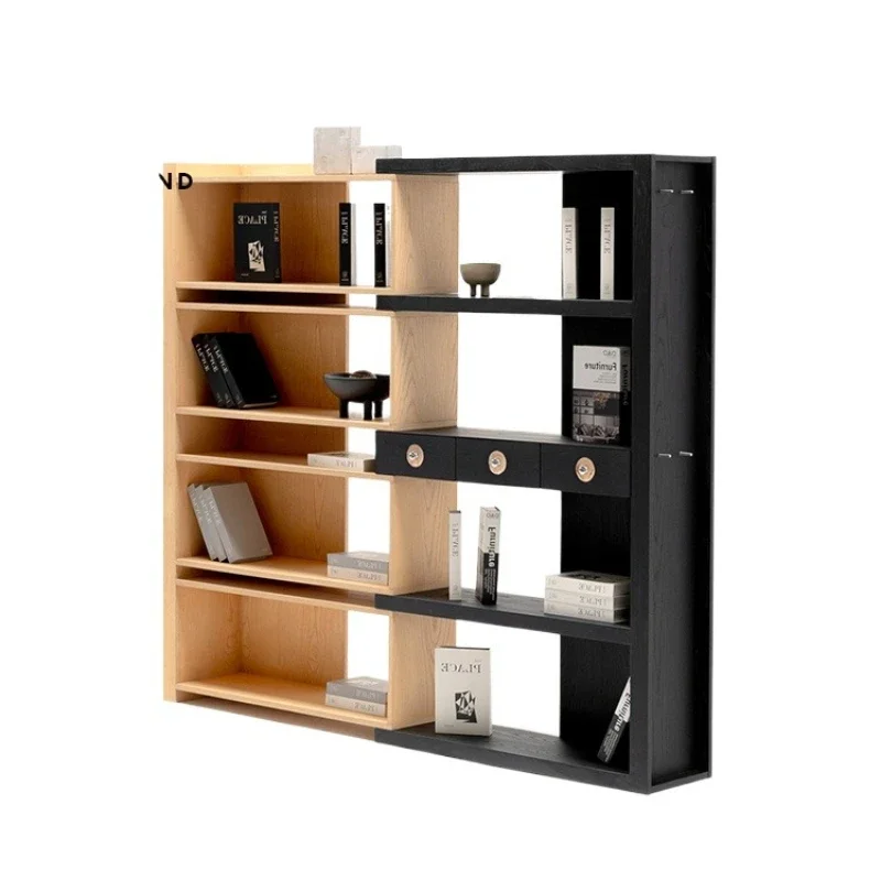 Modern retro solid wood bookcase with integrated storage, retractable wall storage cabinet