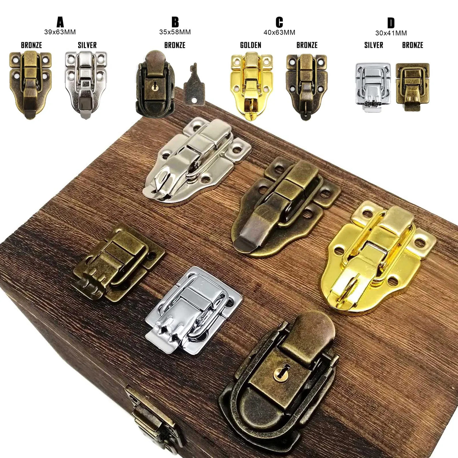 High Quality Bronze Silver Golden Jewelry Chest Wooden Wine Box Gift Case Suitcase Trunk Toggle Catch Hasp Latch Lock with Screw