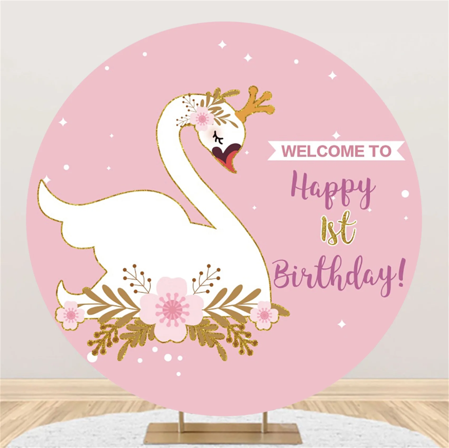 Swan Round Backdrop Cover Pink Flower White Goose Princess Baby Girl Birthday Party Portrait Photography Background Photo Studio