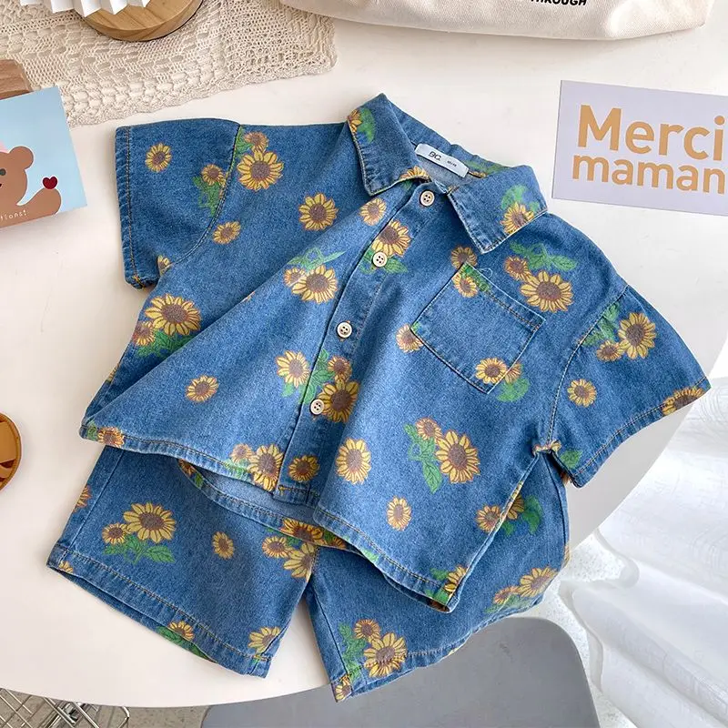 

2024 Summer Fashion Western Style Leisure Thin Boys and Babies Designable Set Two Piece Kids Set Flower Set