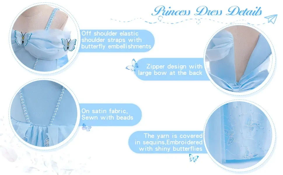 Kinderpartykleider für Mädchen, elegantes Cinderella-Prinzessinnenkleid, Schmetterlingsblaues Abendkleid für Mädchen, Sommer-Abschlussballkleid – Detail 3