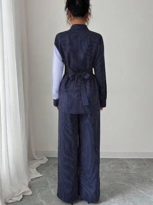 

Two Piece Set 2025 Women Outfit Spring Fashion Stripe Color Blocking Turn-Down Collar Long Sleeved Shirt & Straight Pants Set