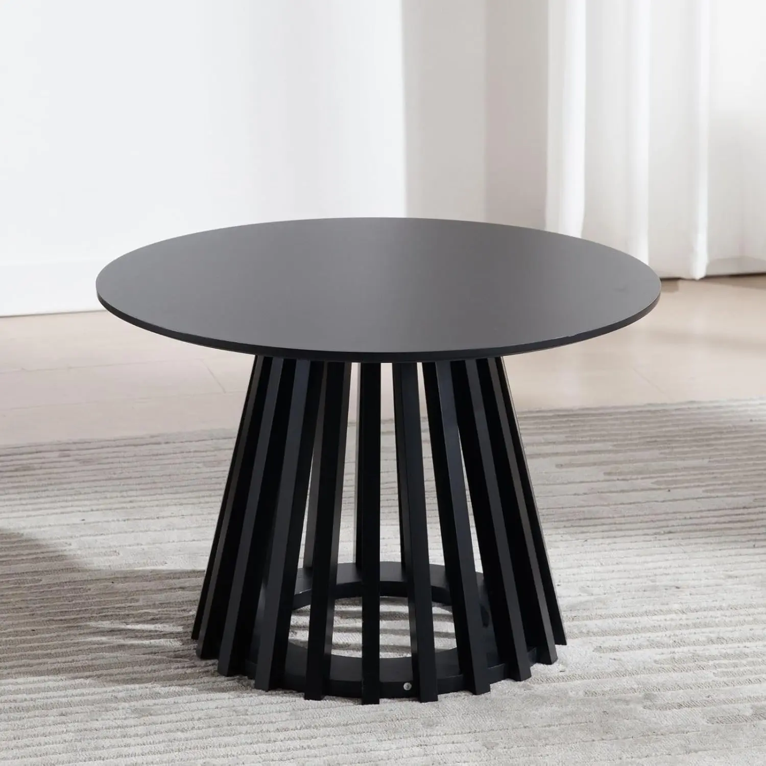 

Modern Round Coffee Table with Unique Geometric Base, Sleek Black Wood Accent Table for Living Room, Office, Lounge, Black