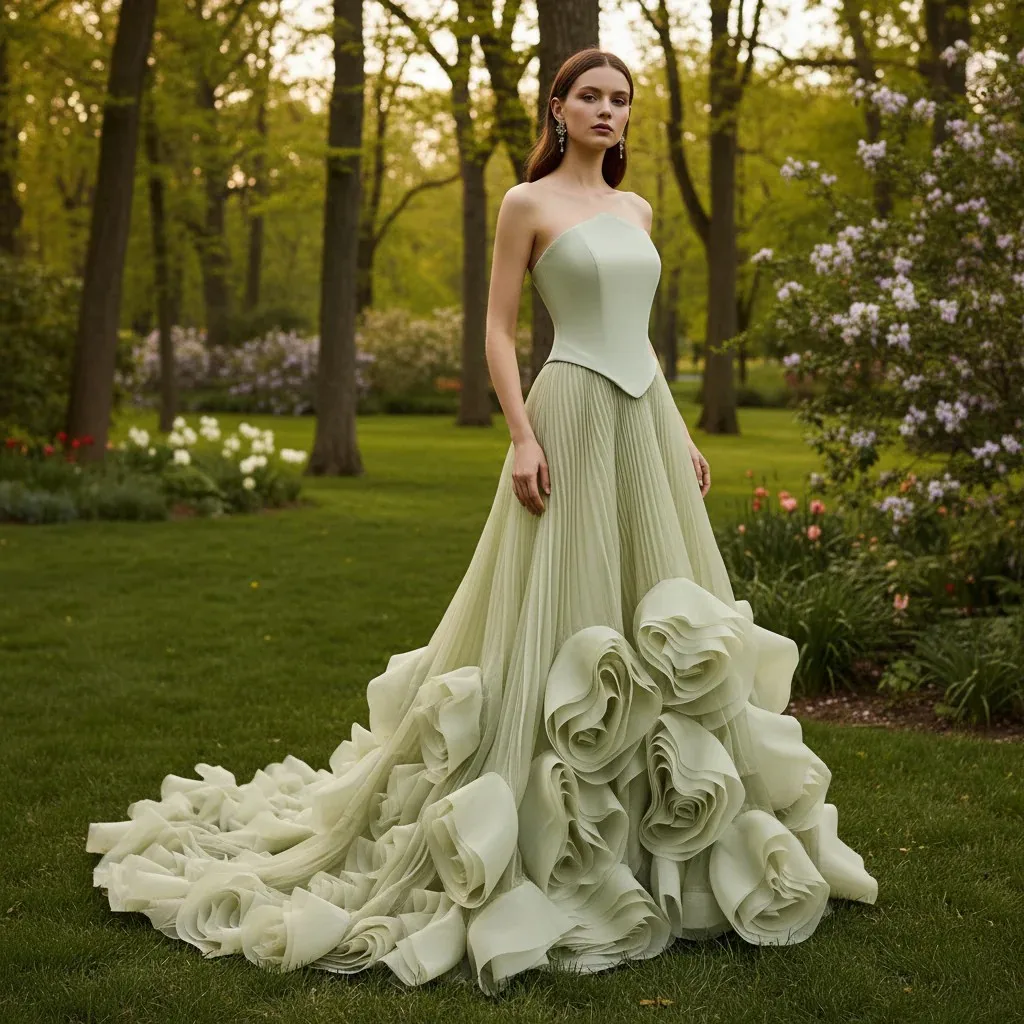 

Длинное вечернее платье Rosymae без бретелек с оборками и 3D цветами Элегантное платье для выпускного вечера для свадеб, пляжных мероприятий и вечеринок