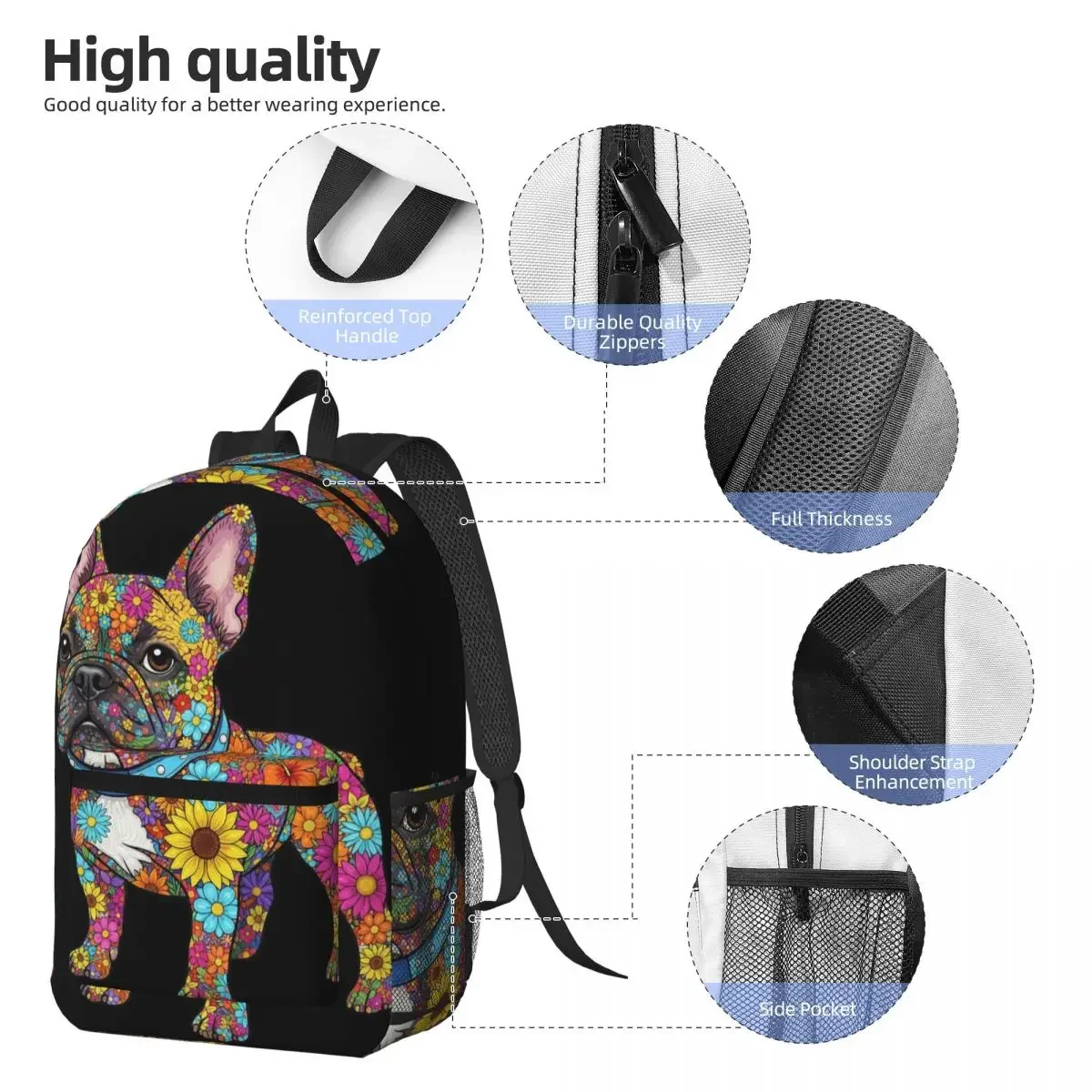 Colorful Flower French Bulldog Backpack Daypack Large Capacity Kids BookBag School Bag Shoulder Bags for Men Women