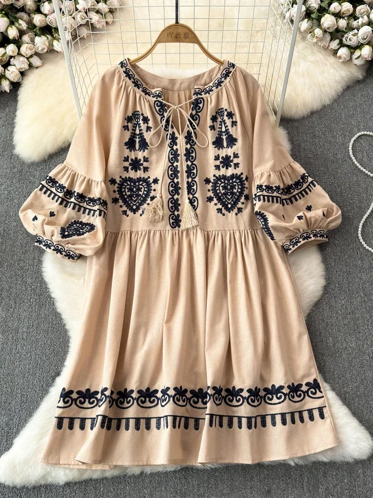 Women\'s Spring Summer Dress Bohemian Retro Ethnic Style Diamond Cotton Linen Blend Embroidered Lantern Sleeves Mini Dress A20