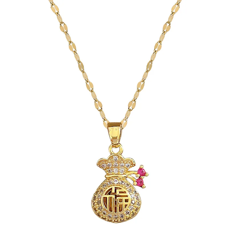 Fashionable and Exquisite Fortune-telling Auspicious Natural Style Micro-inlaid Stainless Steel Necklace Hollow Fortune Pendant