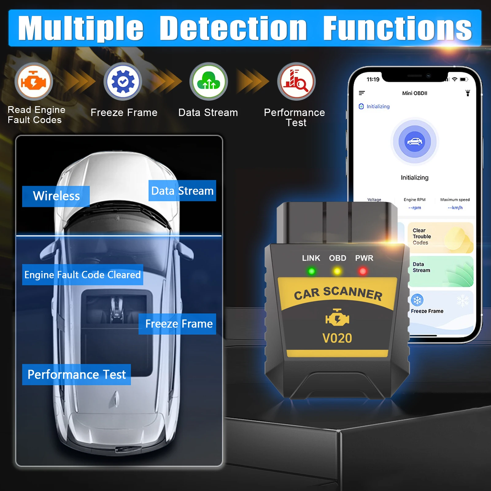 OBD2 Automotive Scanner V020 fault diagnostic tool Car scanner Auto Connection with Dedicated APP Check Engine fault Code Reade
