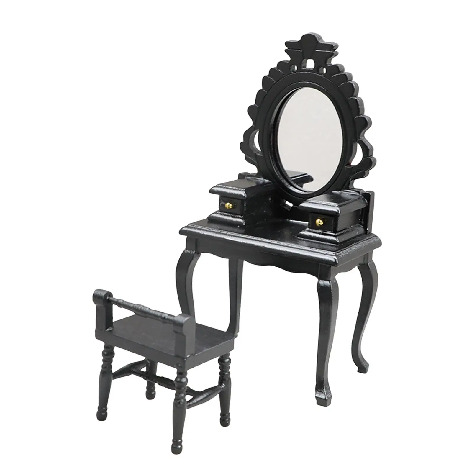 Simulation Miniature Dressing Table Stool Set Exquisite Workmanship with Mirror Furniture Toy 1/12 for Dollhouse Accessories