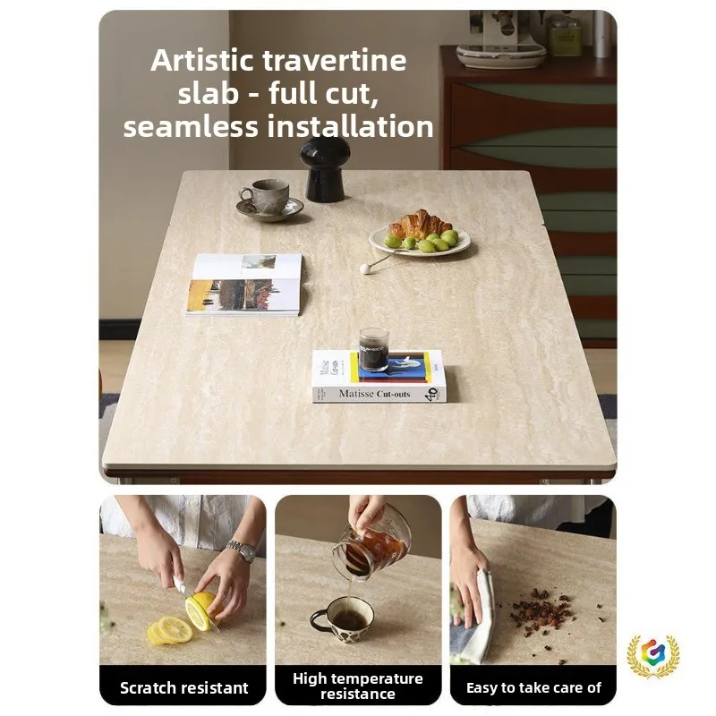 Nordic Japanese travertine extendable sintered stone dining table, solid wood foldable small apartment dining table and chairs